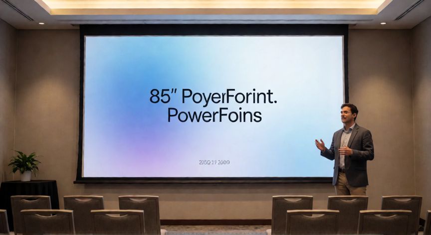 como hacer una portada en powerpoint, Presentador delante de un proyector mostrando la diapositiva de portada en una sala de conferencias