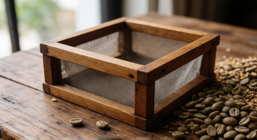 cómo hacer una zaranda para zarandear café, Zaranda de madera con malla metálica para café verde sobre mesa rústica