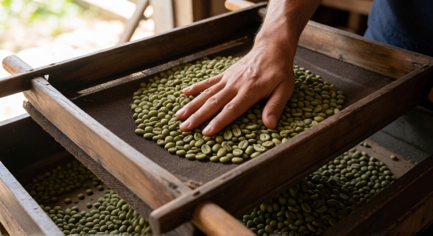 cómo hacer una zaranda para zarandear café, Manos zarandeando café verde en una zaranda casera con bandeja recolectora