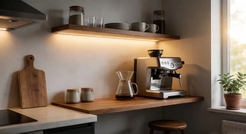 Zona de café moderna con estante de madera y luz LED en cocina
