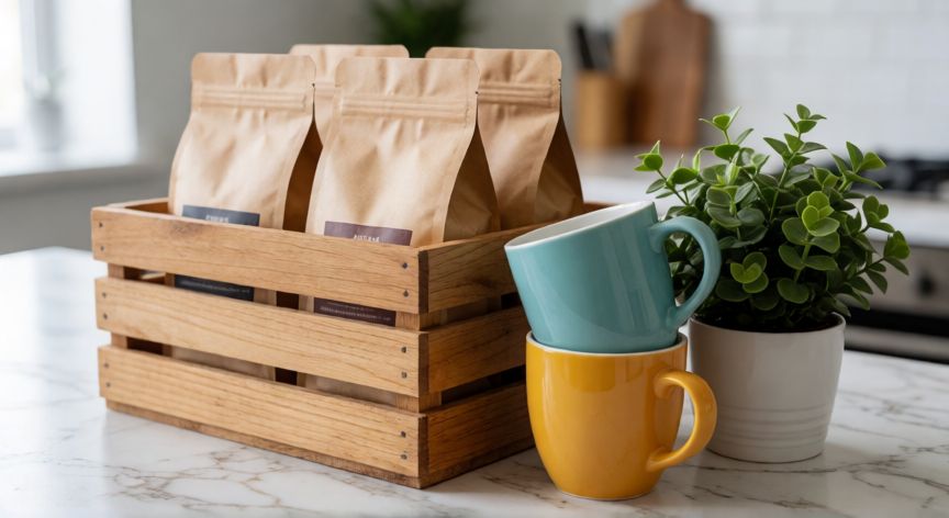 como hacer una zona de café en la cocina, Accesorios de café organizados en cestas de madera sobre encimera