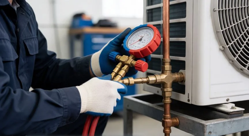 como hacer vacio aire acondicionado, Técnico realizando vacío en aire acondicionado con bomba y manifold