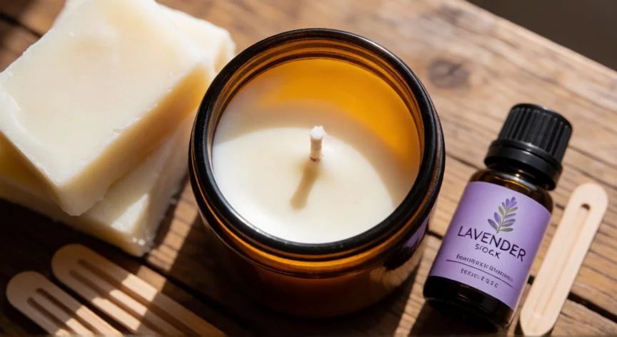 como hacer velas, Vela artesanal de soja en tarro de cristal con lavanda y etiqueta 'Vela Artesanal' en estante rústico