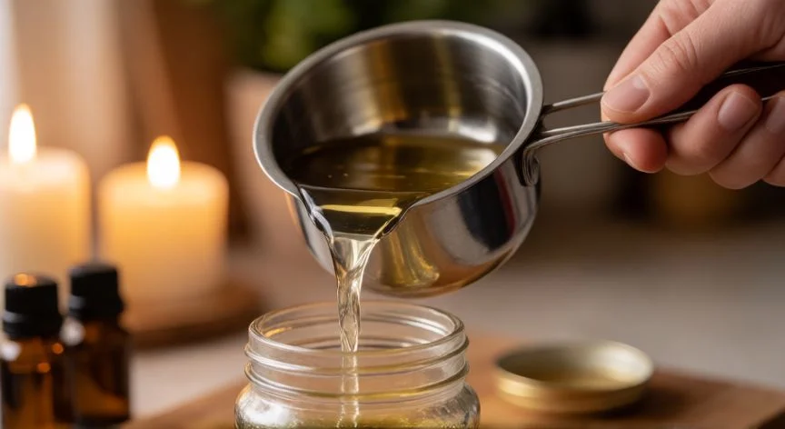 Mesa de cocina con velas caseras de soja en frascos de cristal, baño maría y hierbas aromáticas