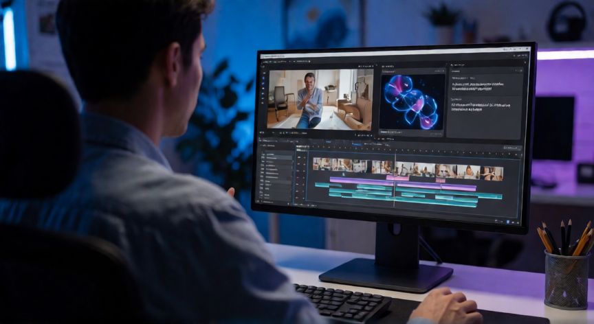 como hacer videos con ia, Creador de contenido editando videos con inteligencia artificial en un estudio moderno