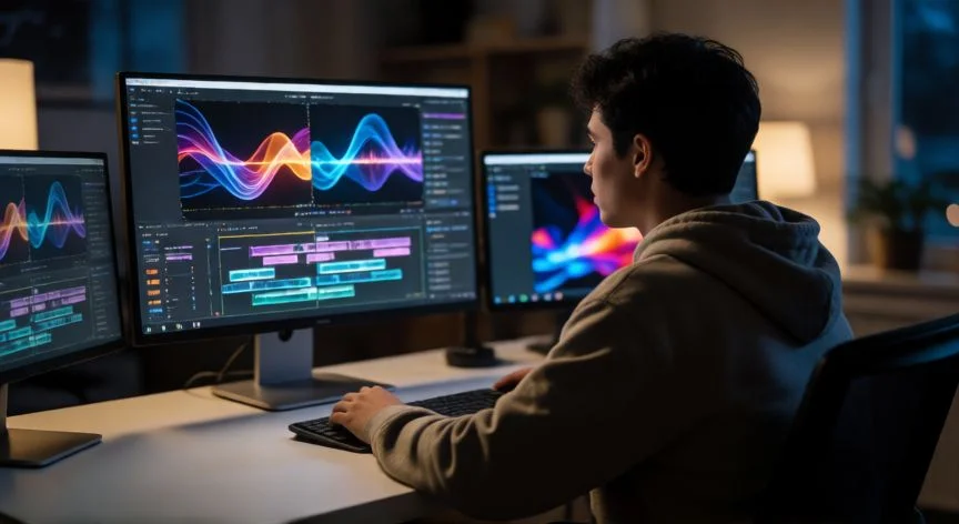 Creador de contenido trabajando en la edición de un video con IA en su escritorio