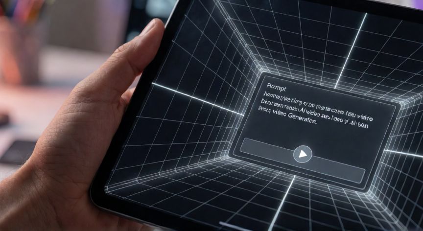 como hacer videos con ia gratis, Manos usando una tableta con interfaz de generación de video por inteligencia artificial