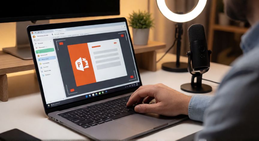 como hacer videos en powerpoint, Persona grabando una presentación en PowerPoint desde un portátil con micrófono de escritorio