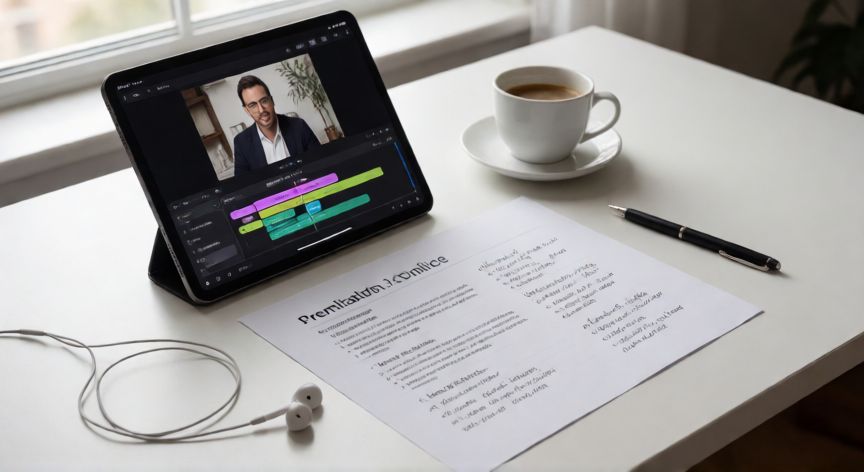 como hacer videos en powerpoint, Espacio de trabajo con tablet mostrando línea de tiempo de video y apuntes de presentación impresa