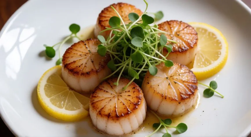 como hacer vieiras a la plancha, Plato de vieiras a la plancha doradas con guarnición fresca
