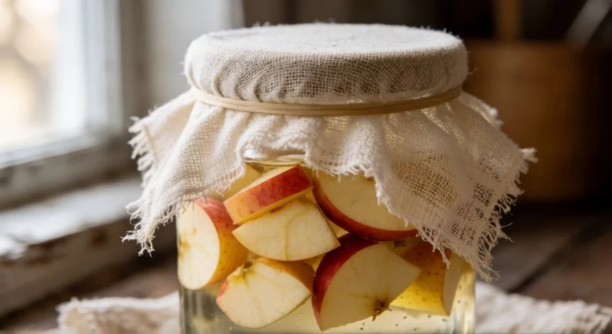 Tarro de vidrio con trozos de manzana iniciando la fermentación del vinagre casero