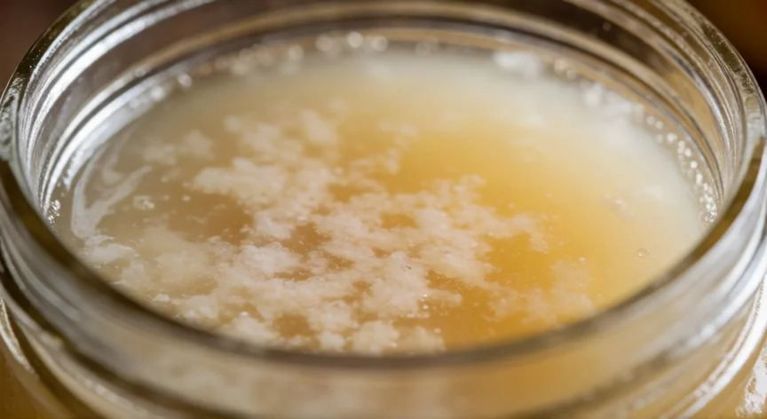 como hacer vinagre de manzana, Detalle de la madre del vinagre formándose sobre el líquido durante la fermentación acética