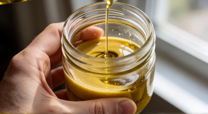 como hacer vinagreta, Close-up of drizzling olive oil into a jar with vinegar to make vinaigrette