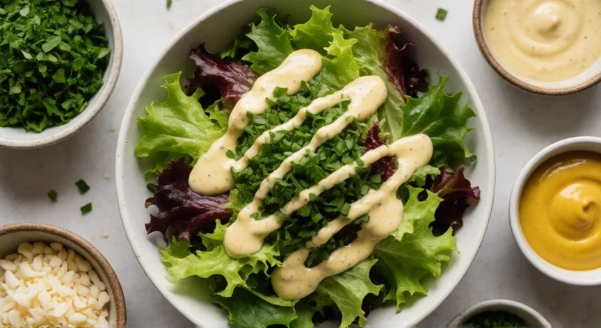 como hacer vinagreta para ensalada, Ensalada fresca servida con vinagreta casera y ingredientes aromáticos alrededor