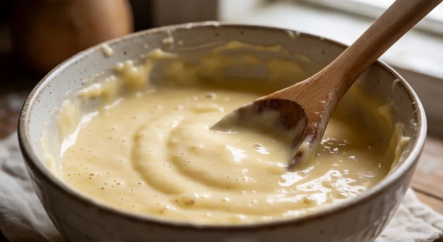 Masa de waffles lista para cocinar en un bol de madera con textura esponjosa