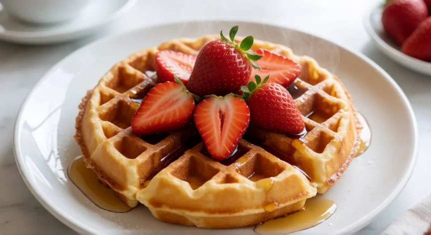 como hacer waffles, Waffle belga dorado y crujiente servido con fresas frescas y sirope de arce