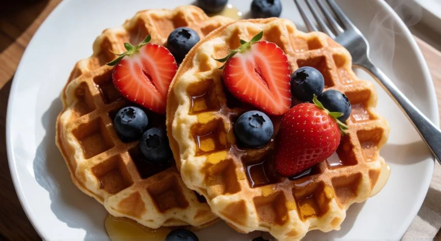 como hacer waffles caseros, Waffles caseros dorados servidos con frutas frescas y miel
