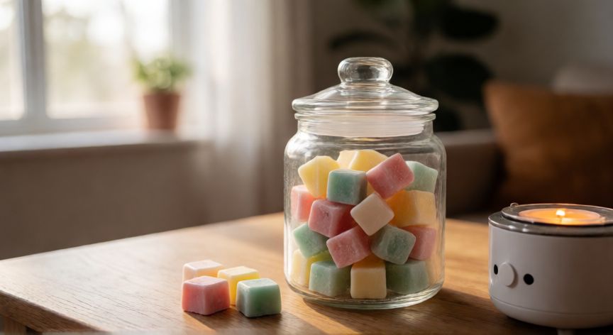 como hacer wax melts, Tarro de cristal con cubos de cera aromática de colores sobre mesa de madera