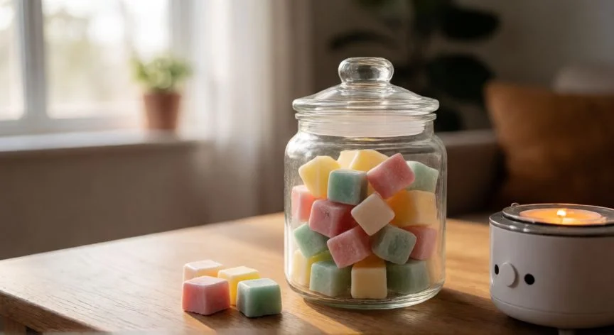 Tarro de cristal con cubos de cera aromática de colores sobre mesa de madera
