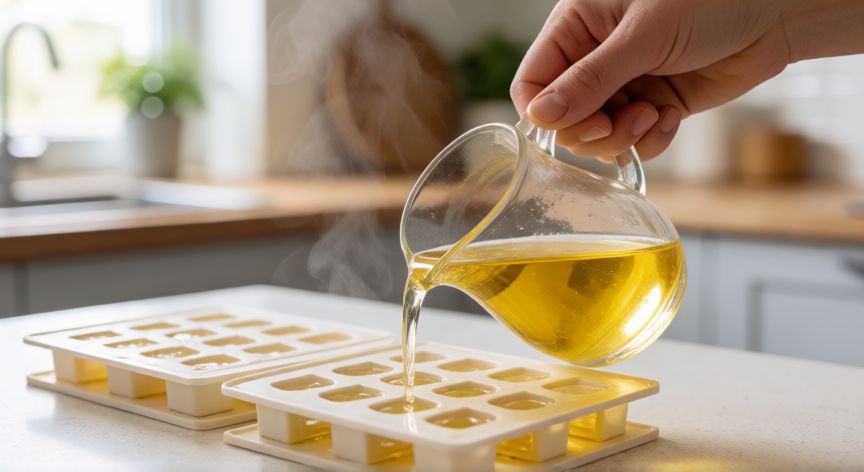 como hacer wax melts, Manos vertiendo cera líquida amarilla en moldes de silicona en cocina