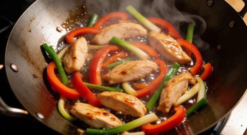 como hacer wok de pollo, Wok de pollo y verduras salteándose a fuego alto con salsa brillante