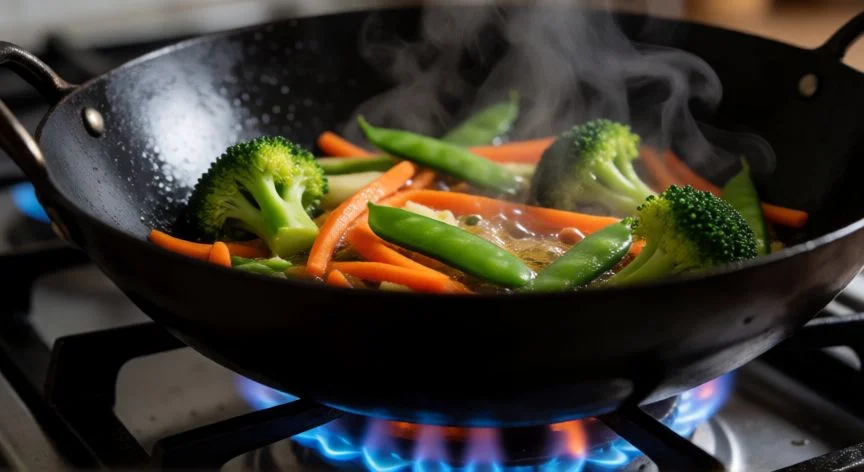 Wok de acero con verduras salteándose a fuego alto