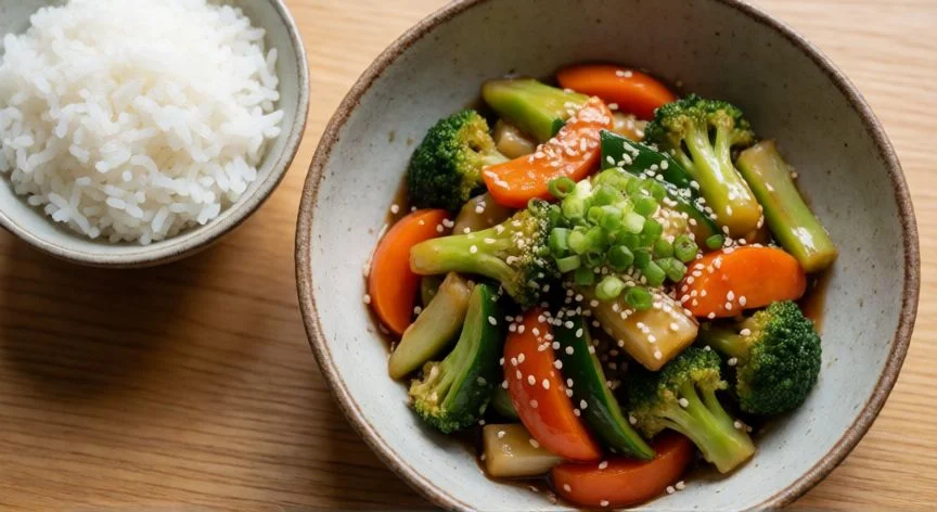 como hacer wok de verduras, Plato de wok de verduras con salsa de soja y arroz
