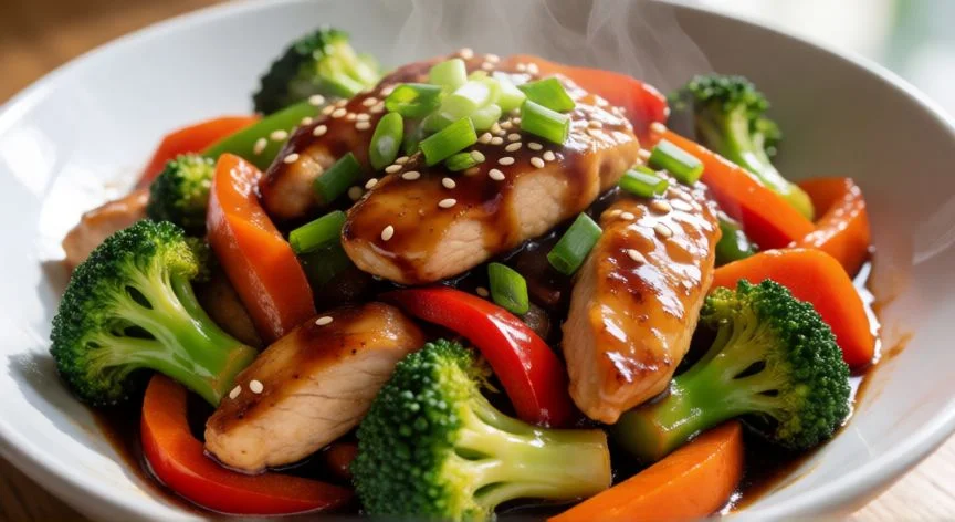 como hacer wok de verduras y pollo, Plato final de wok de pollo y verduras salteadas con salsa de soja