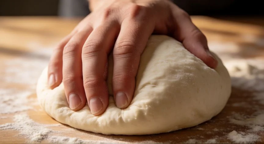 Manos amasando masa para wraps caseros sobre superficie de madera