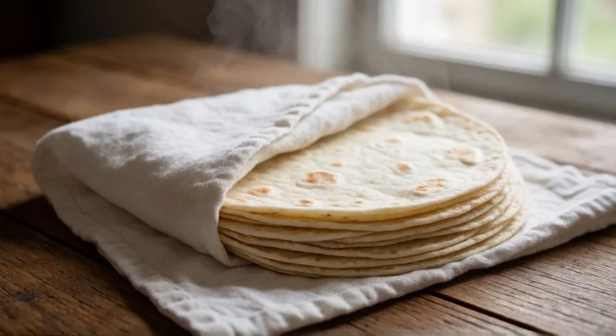 como hacer wraps caseros, Pila de wraps caseros suaves envueltos en paño de lino