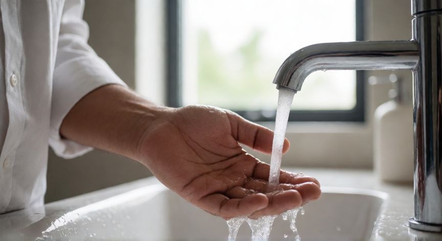 Detalle realista de manos realizando la ablución menor bajo el grifo del baño