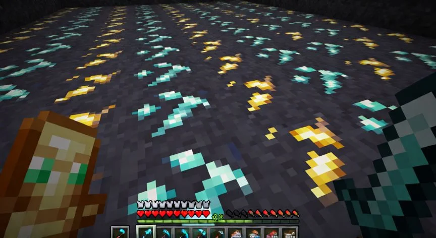Vista de diamantes bajo la roca usando rayos X en Minecraft