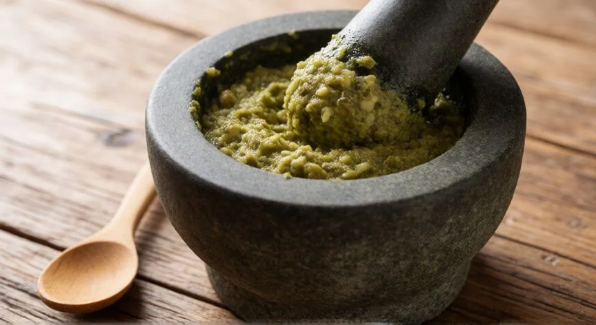 Mortero de piedra con ingredientes para hacer xato