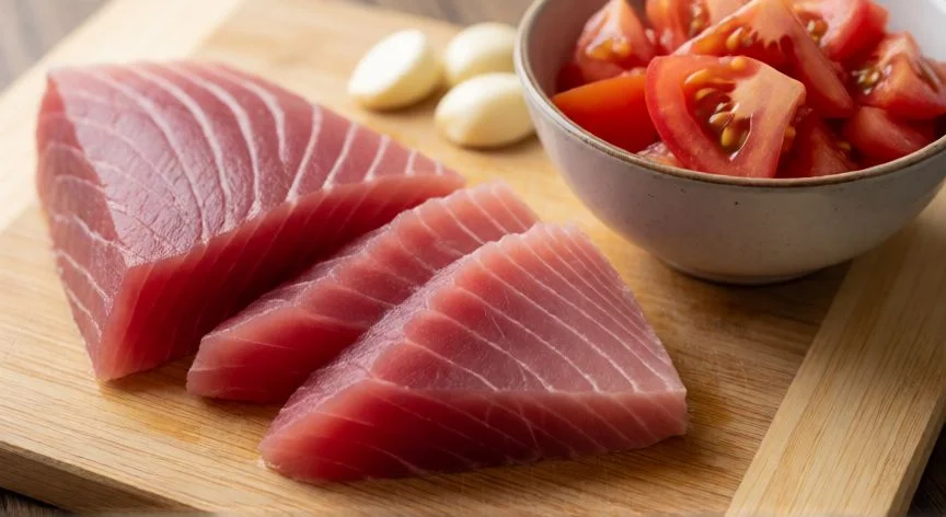 Ingredientes frescos para preparar xatónada valenciana: atún desalado y tomate rallado