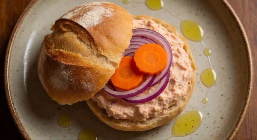 como hacer xatonada, Bocadillo de xatónada valenciana relleno con pasta cremosa y encurtidos