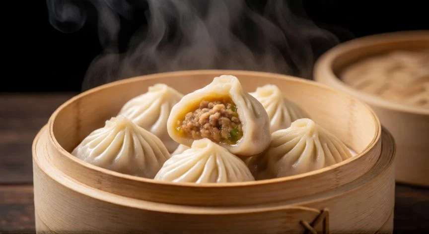 como hacer xiao long bao, Xiao long bao cocidos al vapor mostrando su relleno jugoso