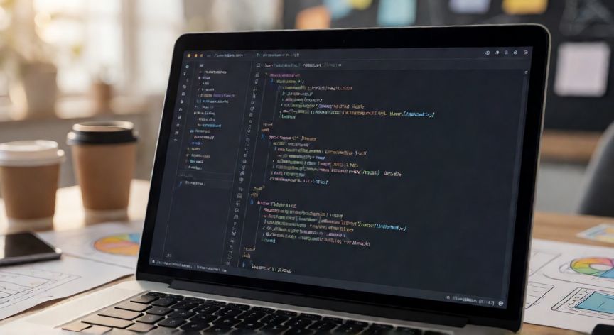 como hacer xolor.cafe, Pantalla de ordenador mostrando código web durante la configuración técnica de un sitio moderno