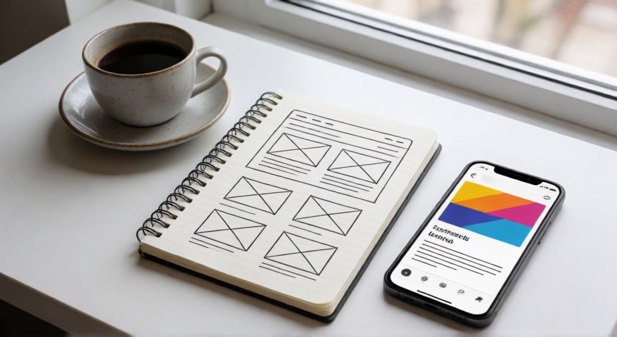 como hacer xolor.cafe, Espacio de trabajo minimalista con bocetos de diseño web y una taza de café