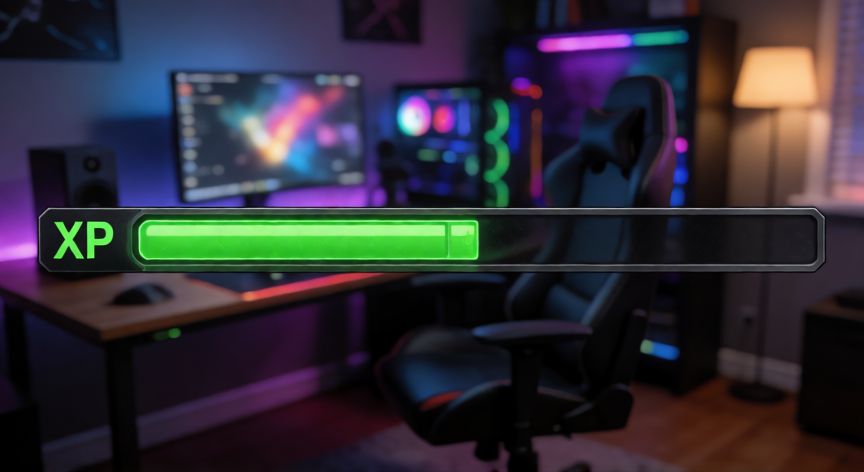 Barra de experiencia llenándose en la interfaz de un videojuego con iluminación ambiental