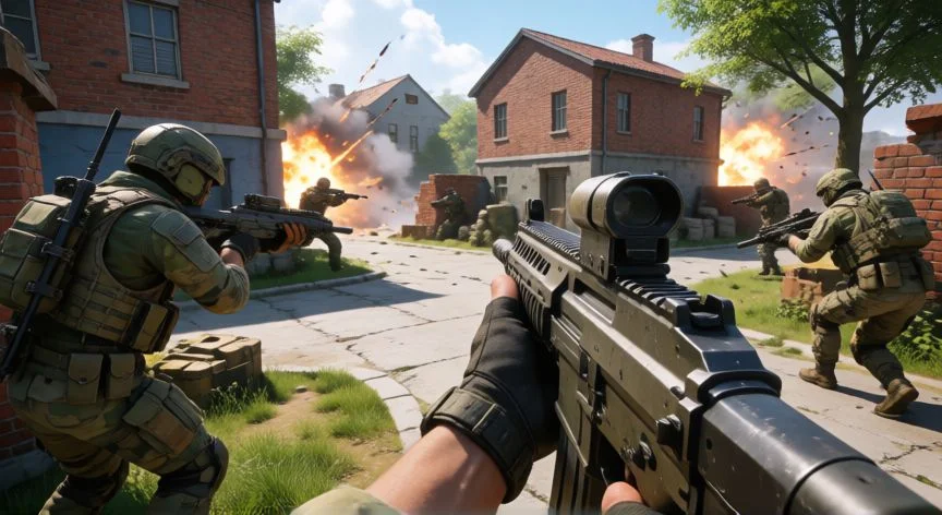 como hacer xp lobby bo2, Vista en primera persona de un soldado con fusil en un mapa urbano pequeño durante una partida