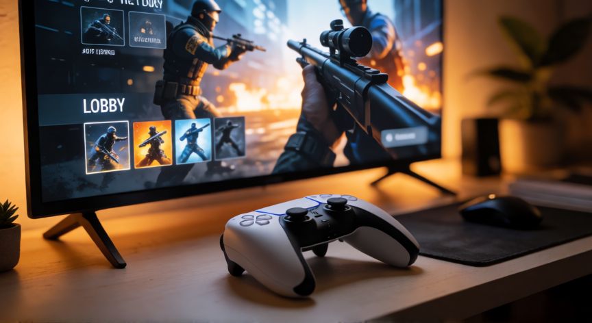 Control de PS5 junto a pantalla mostrando el lobby de Call of Duty Black Ops 2