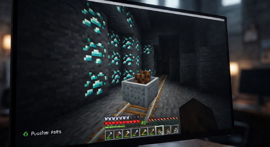 Pantalla de ordenador mostrando Minecraft con vetas de diamante visibles en la cueva