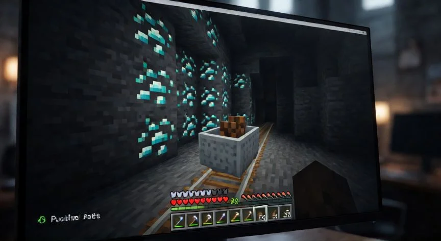 Vista de X-Ray con glitch del compostero revelando diamantes bajo bloques sólidos en Minecraft