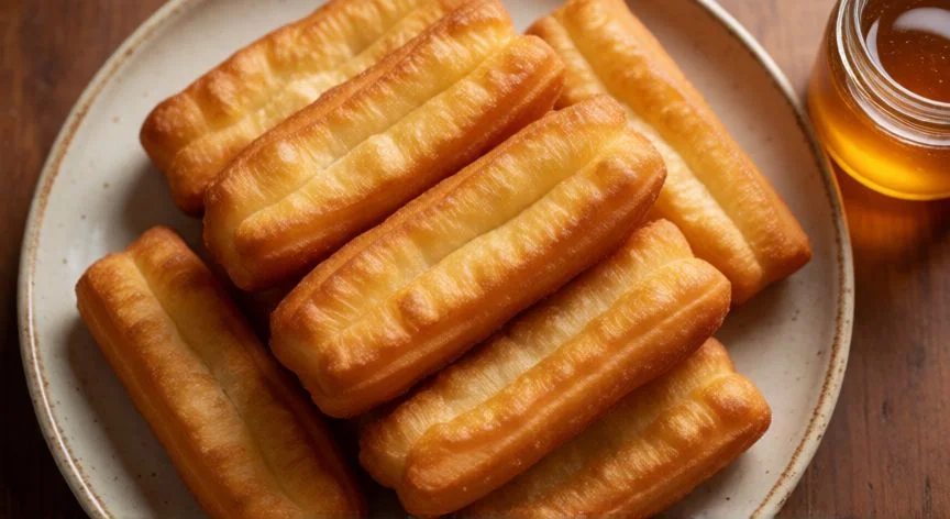 como hacer xuxos caseros, Plato de xuxos dorados bañados en miel con un tarro al lado