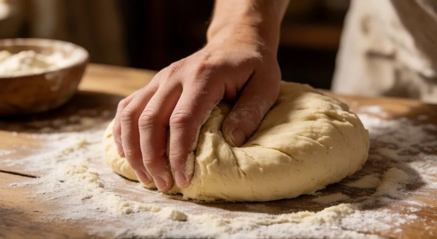 como hacer xuxos de crema, Manos amasando la masa suave para los xuxos de crema sobre una mesa de madera.