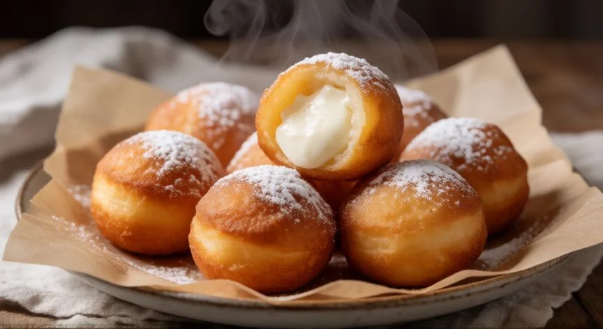 como hacer xuxos de crema, Xuxos de crema dorados rellenos de crema pastelera y espolvoreados con azúcar glass en un plato.