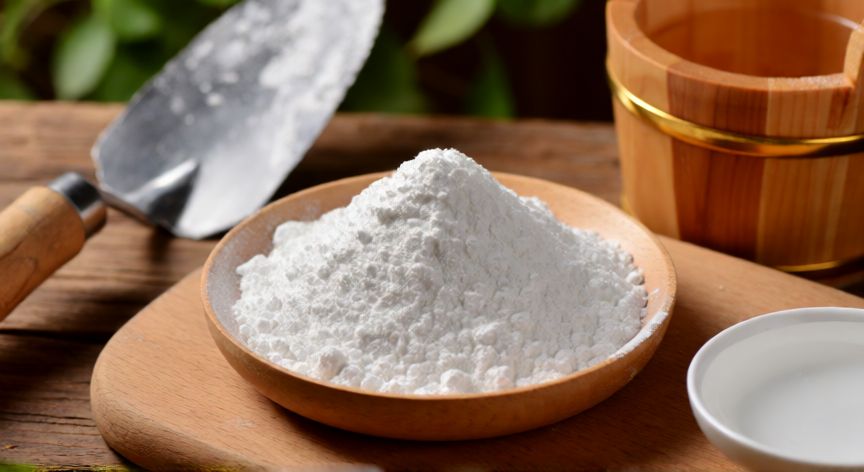 Polvo de yeso blanco en un cuenco de madera listo para ser mezclado con agua