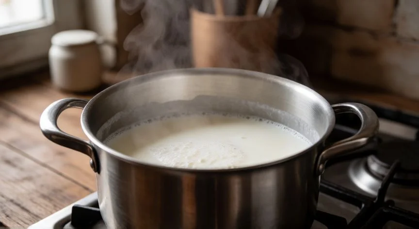 Calentando leche en una olla para preparar yogur casero