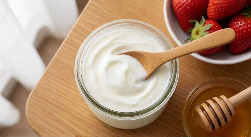 como hacer yogur, Yogur casero cremoso en un bote de vidrio listo para consumir