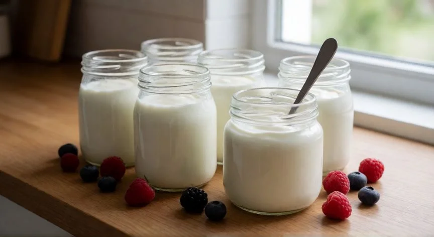 como hacer yogur casero sin yogurtera, Frascos de vidrio con yogur casero terminado y fresas frescas